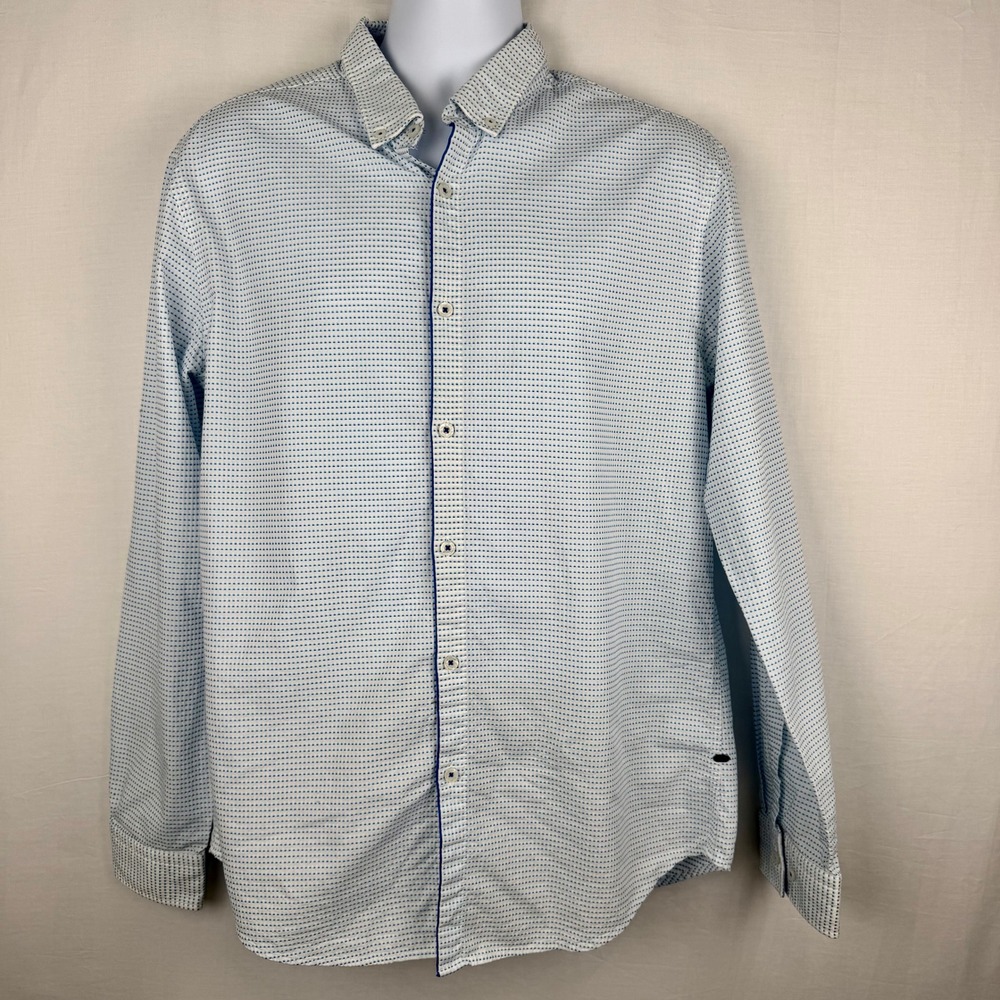 Hugo Boss Green Label Slim Fit Stretch Shirt Blue White Micro Dot Print Men's XL
